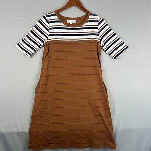 Piper & Scoot Shirt Dress Sz SM Caffeine Brown Stipe With Pockets Cotton